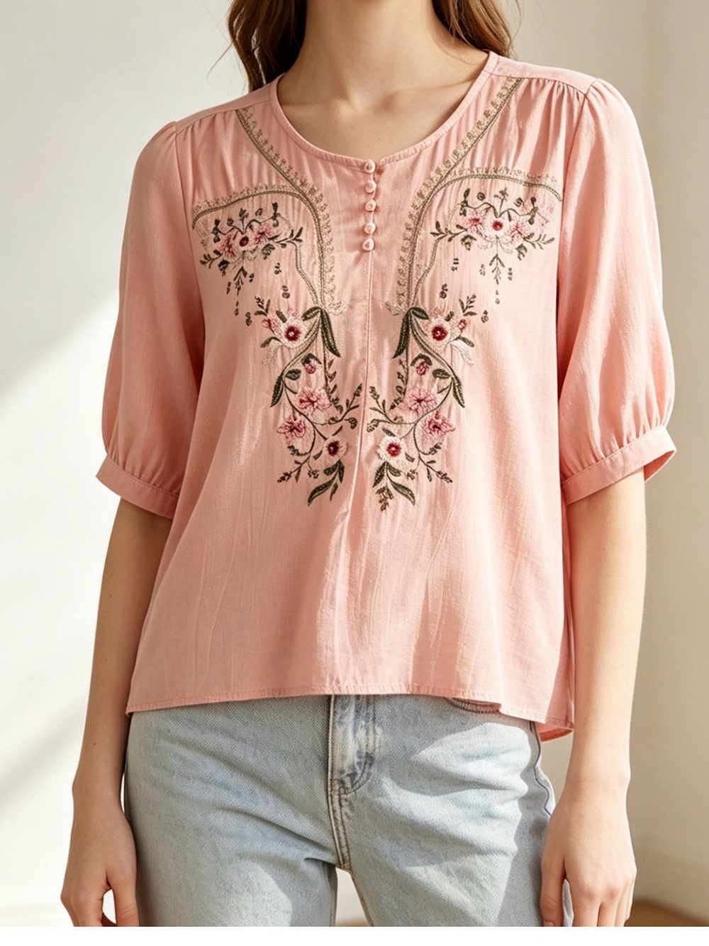 Prairie Cottage Core Pink Floral Embroidered Peasant Blouse Top Shirt Sz M New
